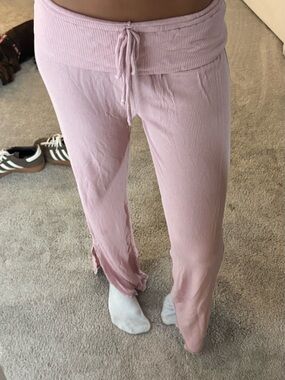 Urban Outfitters Dusty Pink Ribbed Lounge Pants with Drawstring Waist